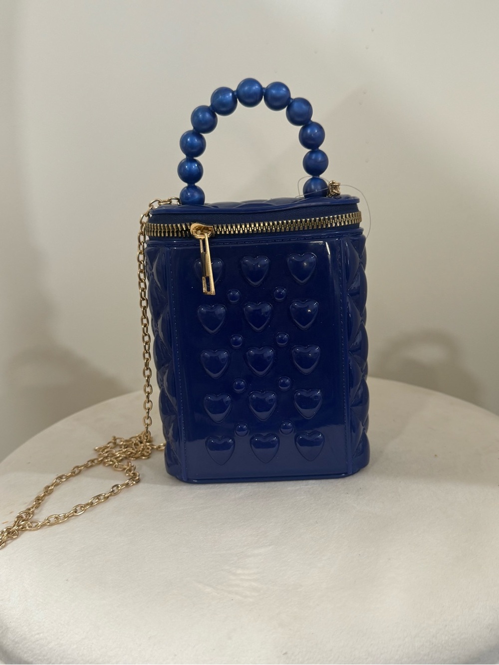 Patent Quilted Heart Mini Bag in Navy Blue